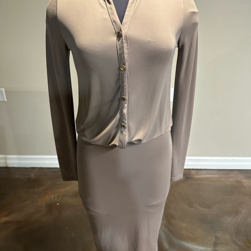 S-Twelve Taupe Button-Front Maxi Dress